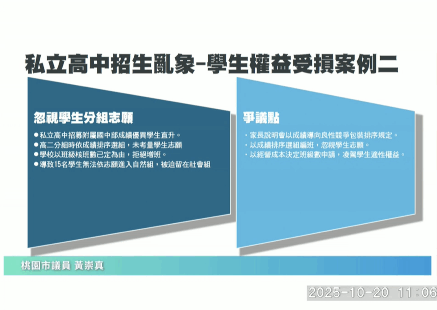 某私立高中在學生高二分組時依成績排序選組，導致有15名學生未能如願至自然組就讀。（圖／桃園市議會議事錄影）